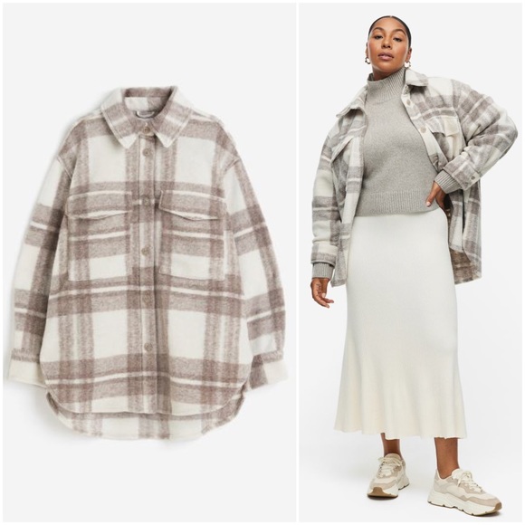 Beige Plaid Oversized Shacket - Picture 1 of 7